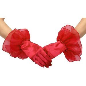 Women's Ruffled Evening Dark Red Short Satin Formal Gloves Costume Accessories